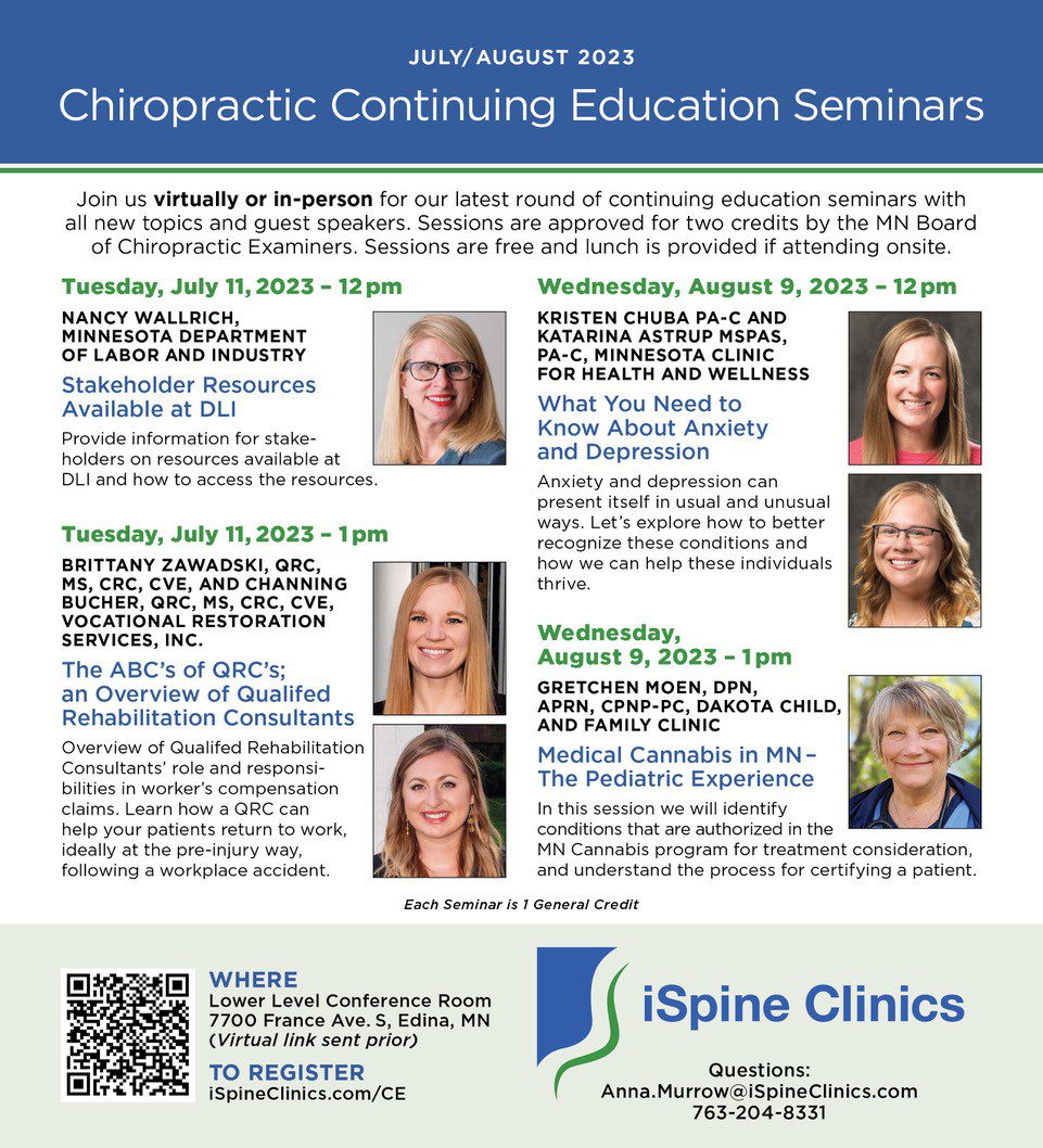 iSpine Chiro Seminar July and August 2023 flyer