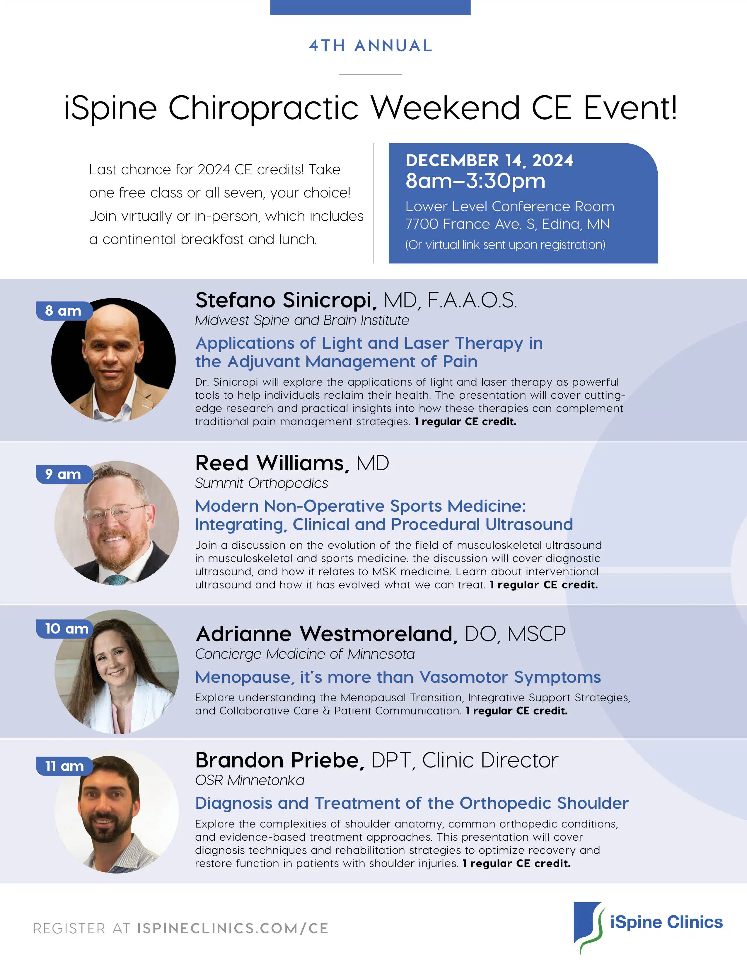 iSpine Clinics December 2024 Continuing Education event flyer page 1