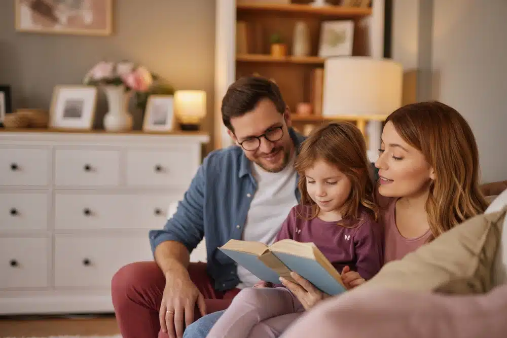 family reading a book together to slow down the craziness of the holiday season