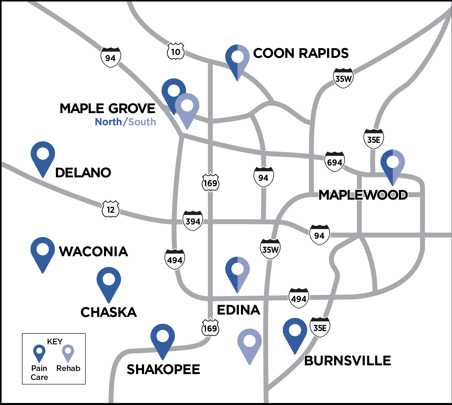 iSpine Clinics map of Twin Cities clinics