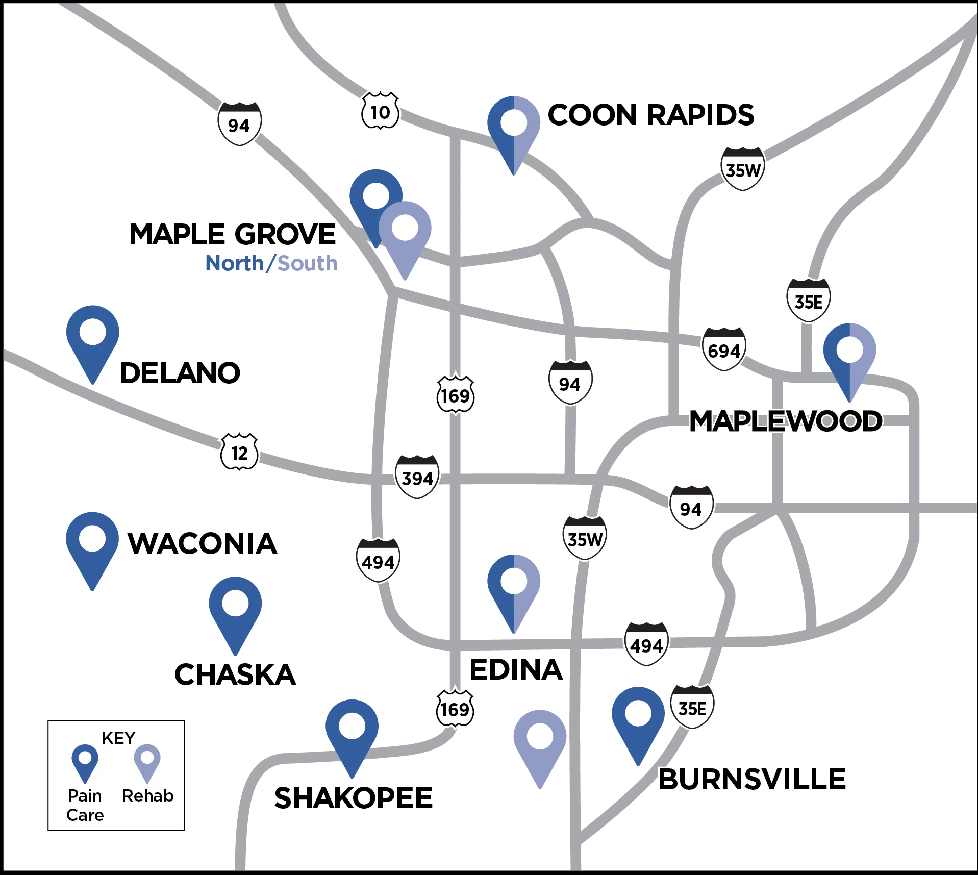 iSpine Clinics map of Twin Cities clinics
