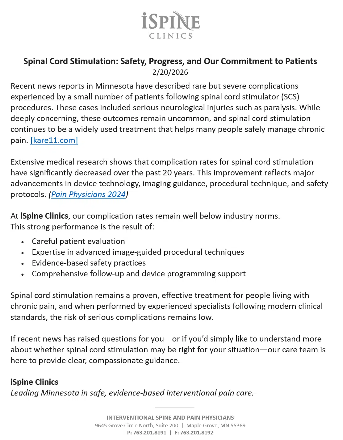 iSpine Clinics SCS letter 2026