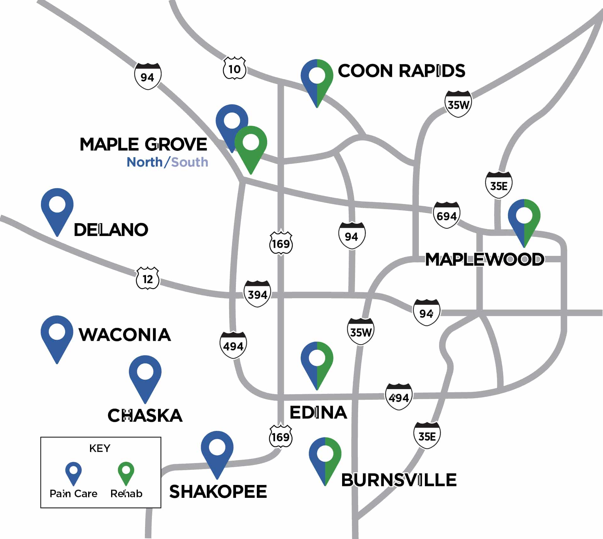 iSpine Clinics map of Twin Cities locations