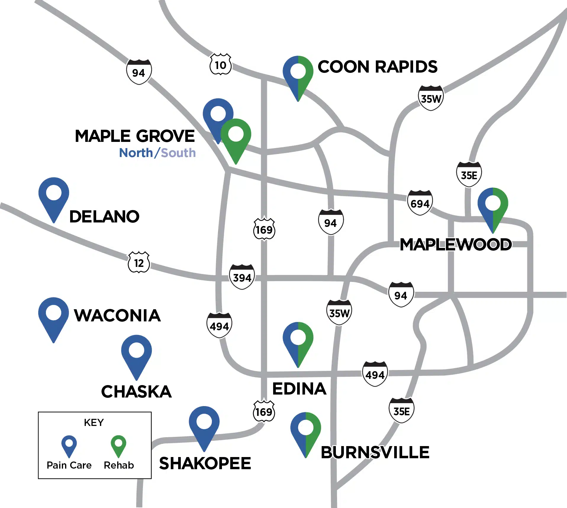 iSpine_Location Map_color_updated 030226 iSpine Clinic locations across the Twin Cities